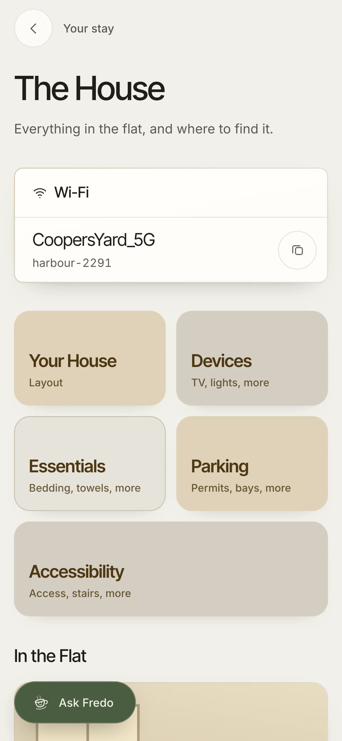 The House screen of the guest app, with the wifi network at the top and coloured tiles for Your House, Devices, Essentials, Parking and Accessibility.