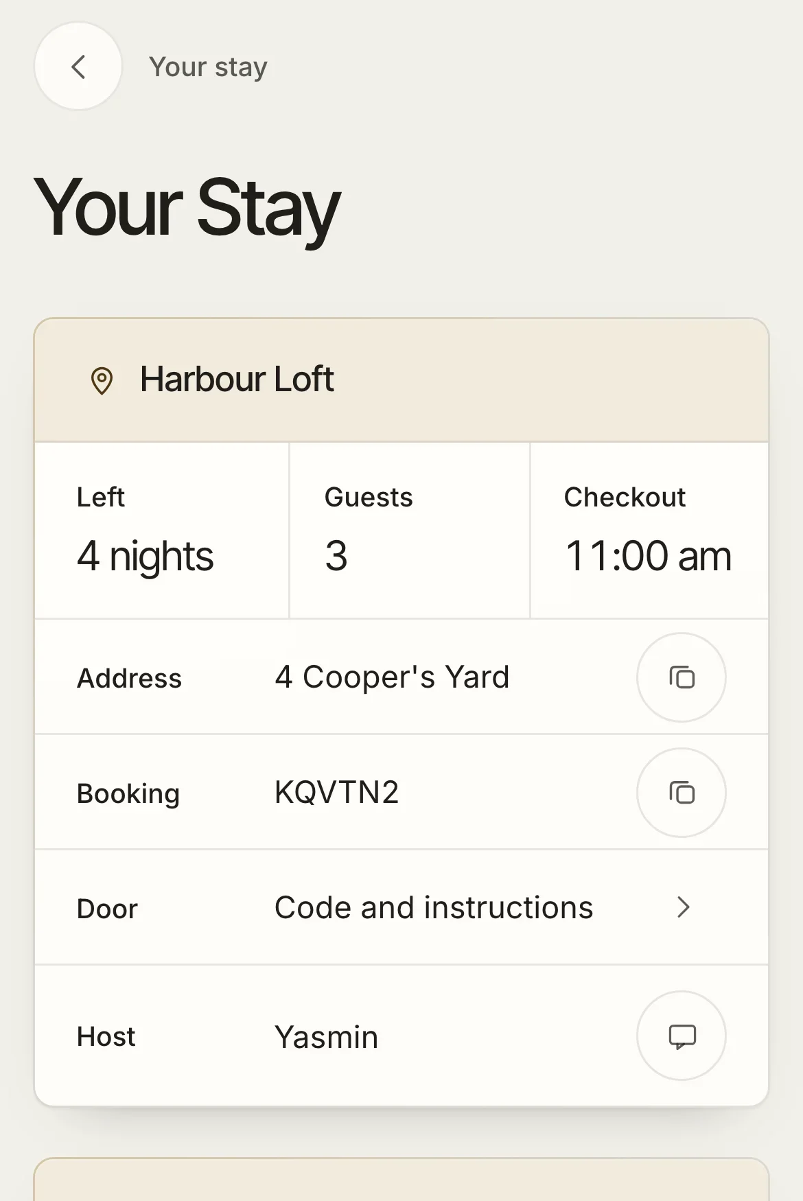 The Your Stay screen of the guest app, showing the property, the nights left, the guests, the checkout time, the address, the booking reference, the door and the host.