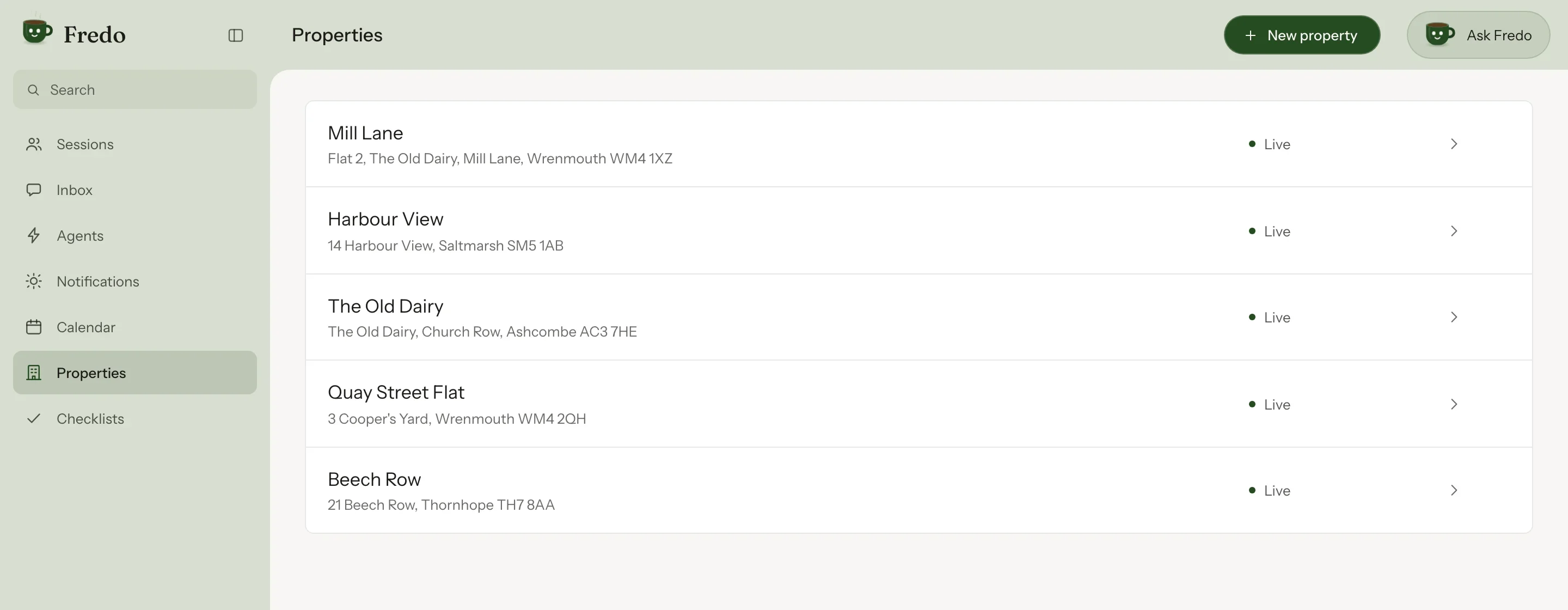 The Properties list showing five properties with their addresses, each marked Live.